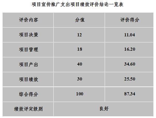 項(xiàng)目宣傳推廣支出項(xiàng)目績(jī)效評(píng)價(jià)結(jié)論一覽表