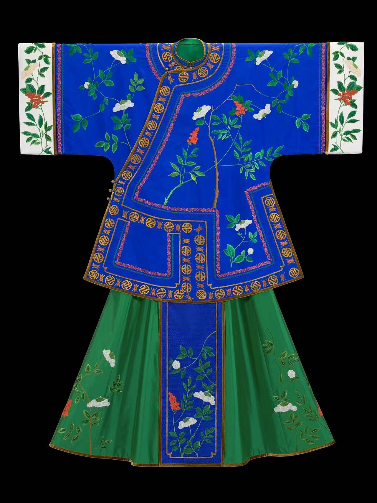 京繡-寶石藍綢繡青綠枝間福壽綿延襖褂配綠綢馬面裙