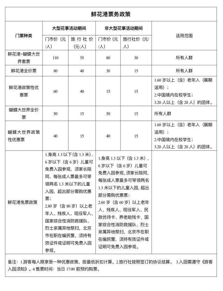 北京國際鮮花港票務(wù)政策
