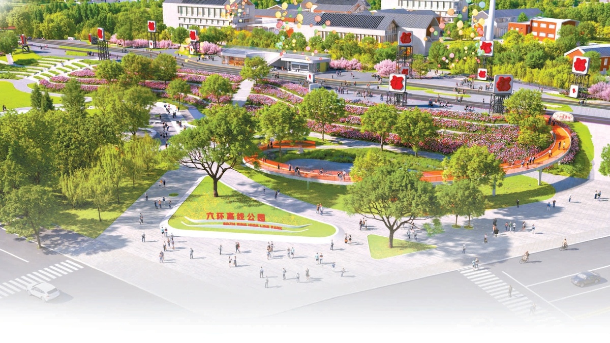 六環(huán)高線公園啟動段環(huán)形自行車和人行步道效果圖。