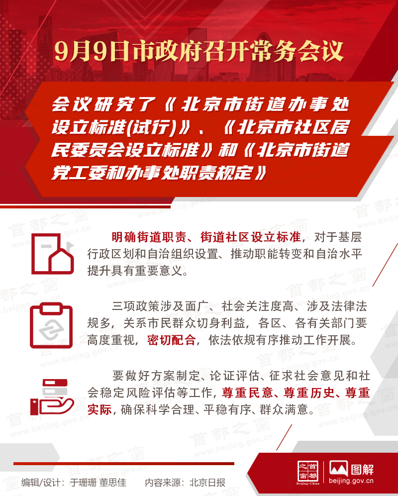 9月9日市政府召開常務(wù)會議研究《北京市街道辦事處設(shè)立標準(試行)》、《北京市社區(qū)居民委員會設(shè)立標準》和《北京市街道黨工委和辦事處職責規(guī)定》