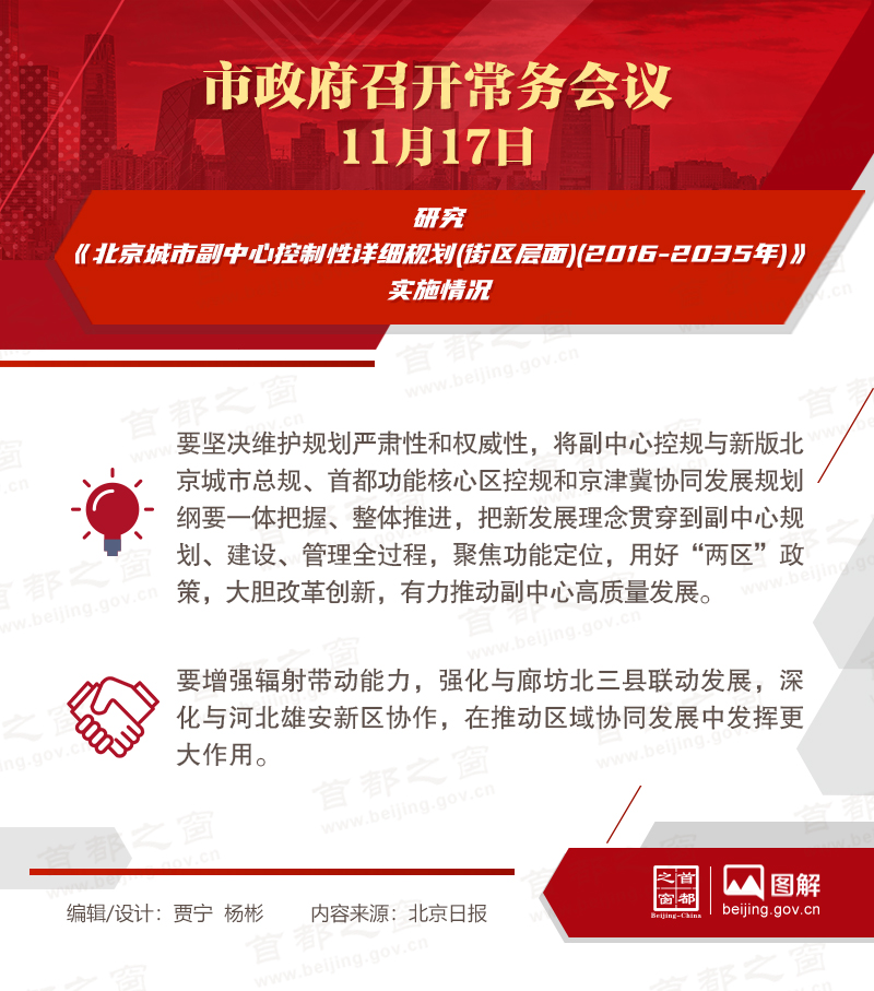 市政府常務(wù)會(huì)議：研究《北京城市副中心控制性詳細(xì)規(guī)劃(街區(qū)層面)(2016-2035年)》實(shí)施情況