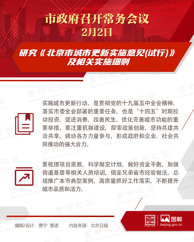 市政府常務(wù)會議：研究《北京市城市更新實施意見(試行)》及相關(guān)實施細(xì)則