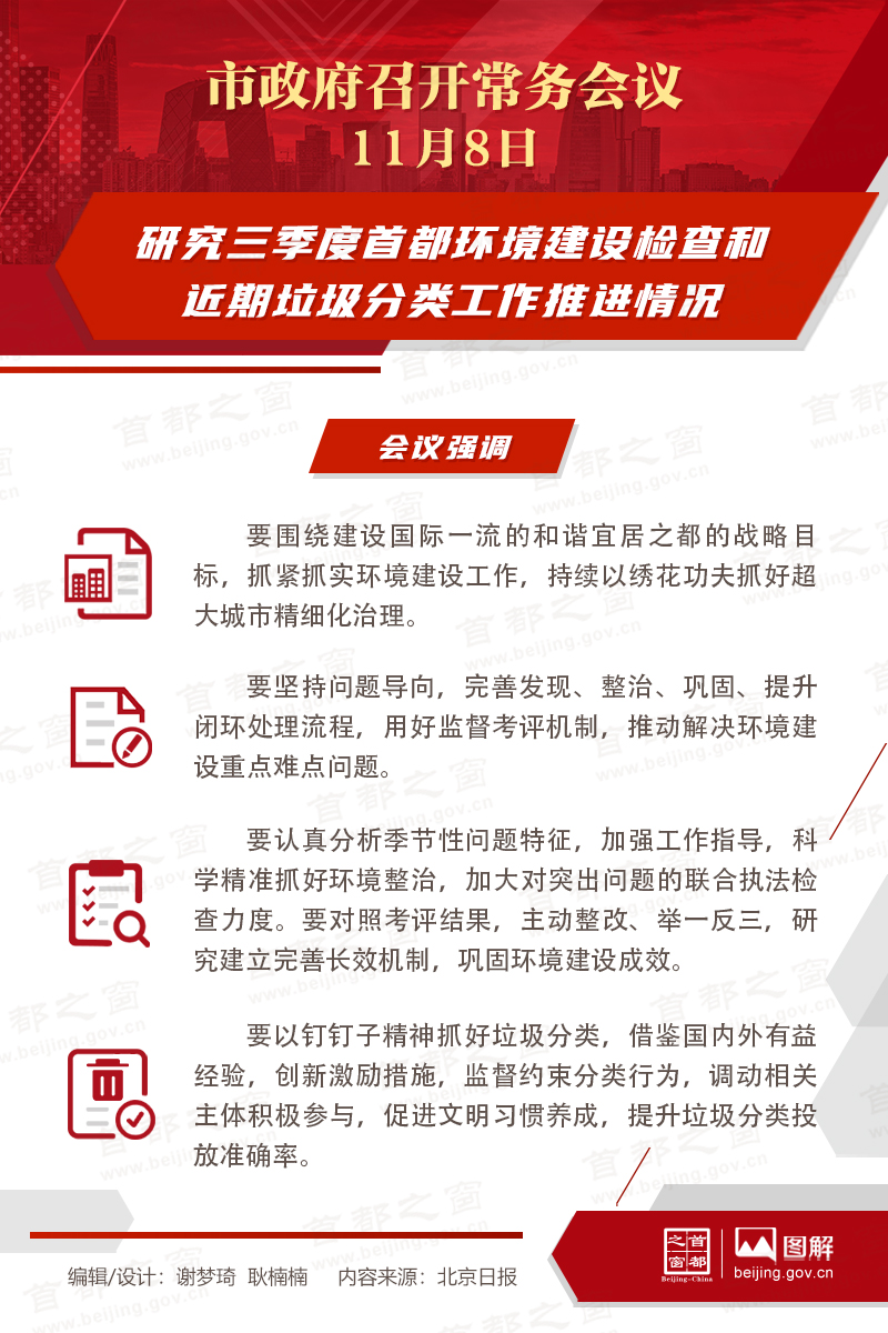 市政府常務(wù)會(huì)議：研究三季度首都環(huán)境建設(shè)檢查和近期垃圾分類工作推進(jìn)情況